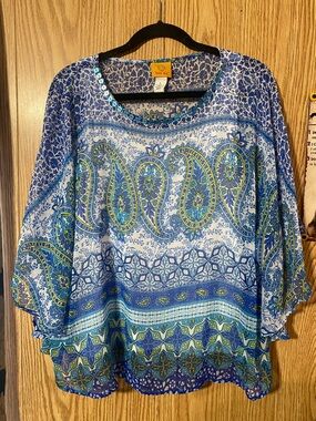 Ruby Rd. Women’s Sheer Blue Paisley Blouse with White Tank Size Large